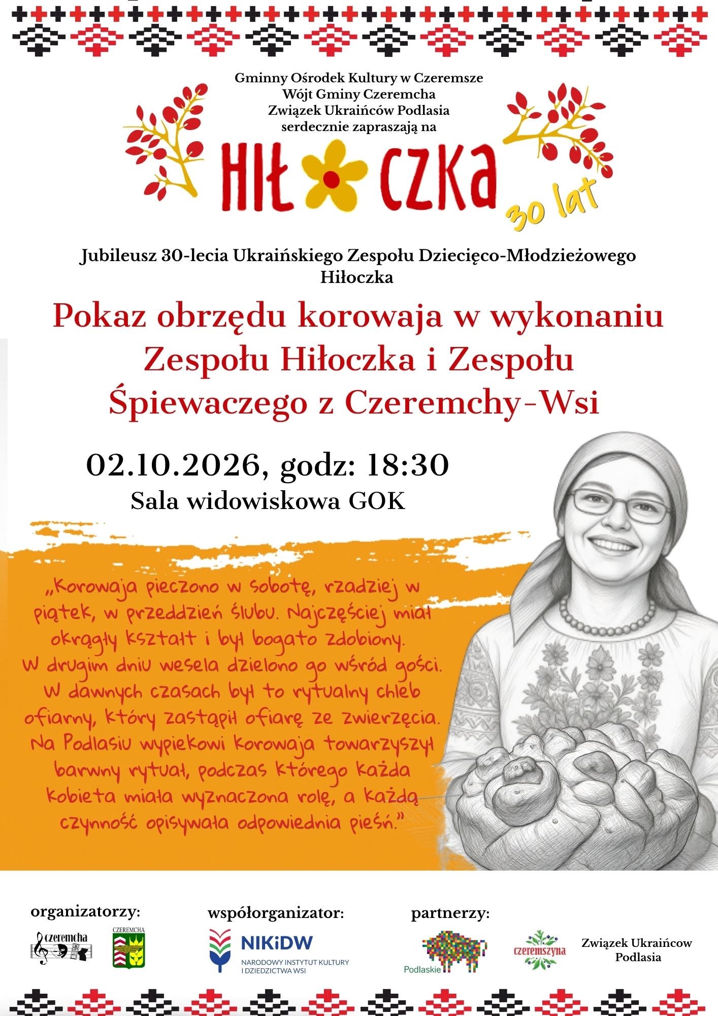 Jubileusz 30-lecia Ukraińskiego Zespołu Dziecięco- Młodzieżowego Hiłoczka 02.10.2026- wydarzenia